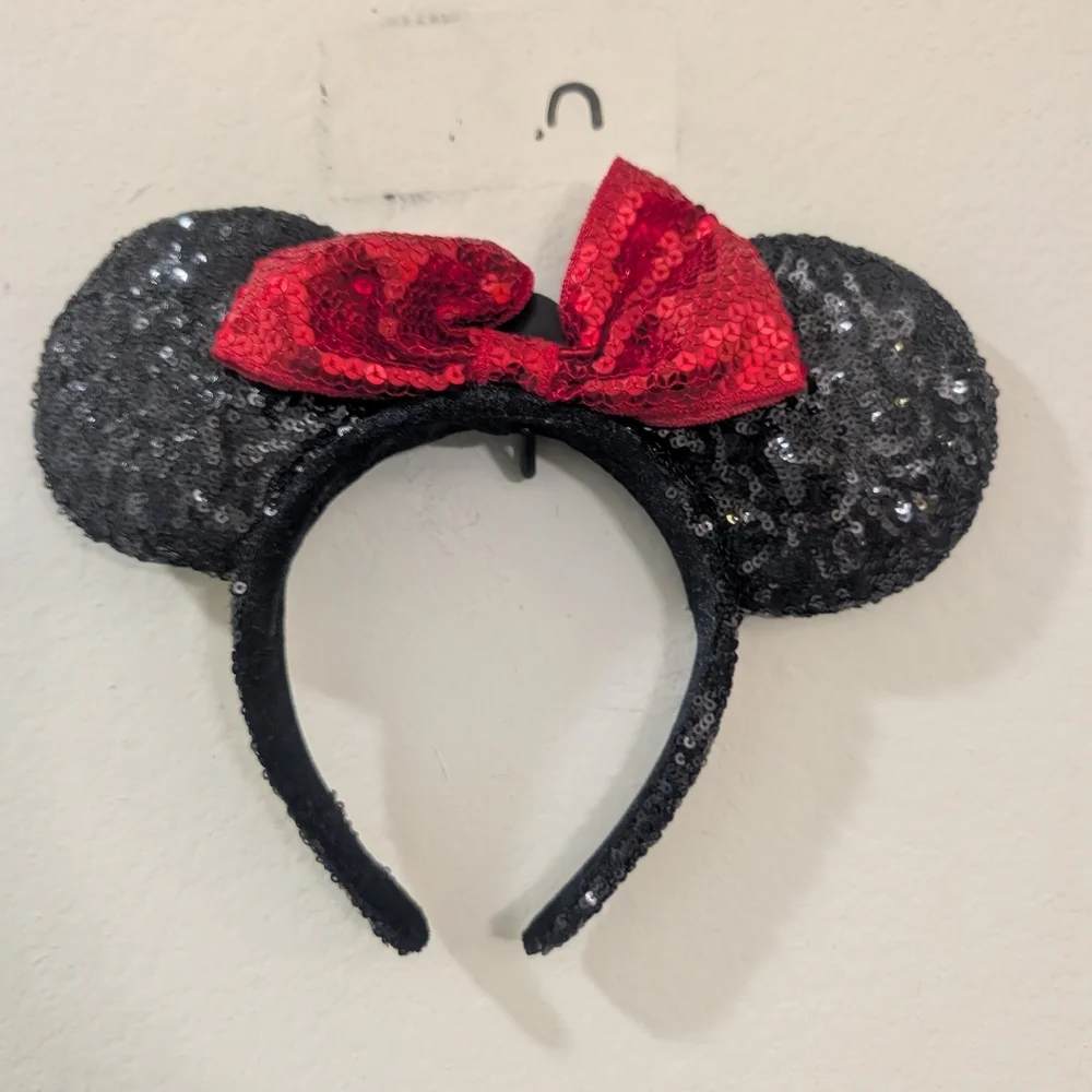 Minnie Mouse Black Sequin Ears with Red Bow Headband